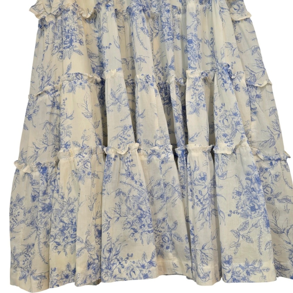 Talmlah Blue Toile Floral Tiered Ruffle Midi Dress L Cottagecore - Picture 4 of 10